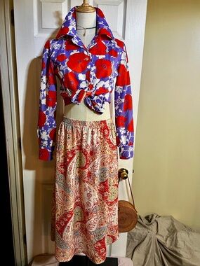 Blair Vintage Wms Paisley Boho Festival Retro Aline‎ Pleated Midi Skirt M